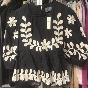 Anthropologie Black Blouse with Cream Floral Embroidery
